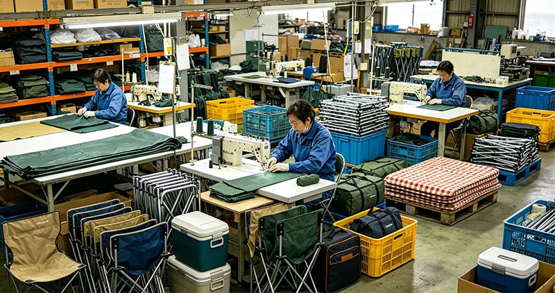 Workers sewing OEM camping gear in outdoor products factory workshop